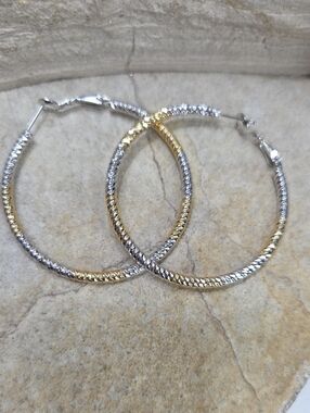 Two-Tone Gold & Silver Textured Hoop Earrings